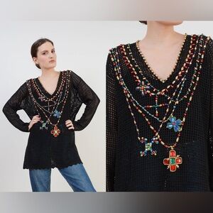 Express Black V-Neck Sweater with Colorful Beaded Design